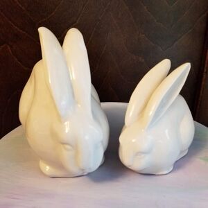 Vintage White Bunny Rabbit Hare Figurine Pair, Retro, Easter, MCM